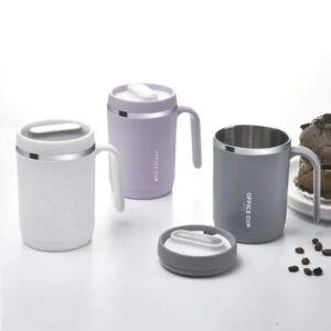 Office Cup: 500ml Double-Walled Stainless Steel Coffee Mug with Ergonomic Handle, Splash-Proof Lid, and Minimalist "Heal