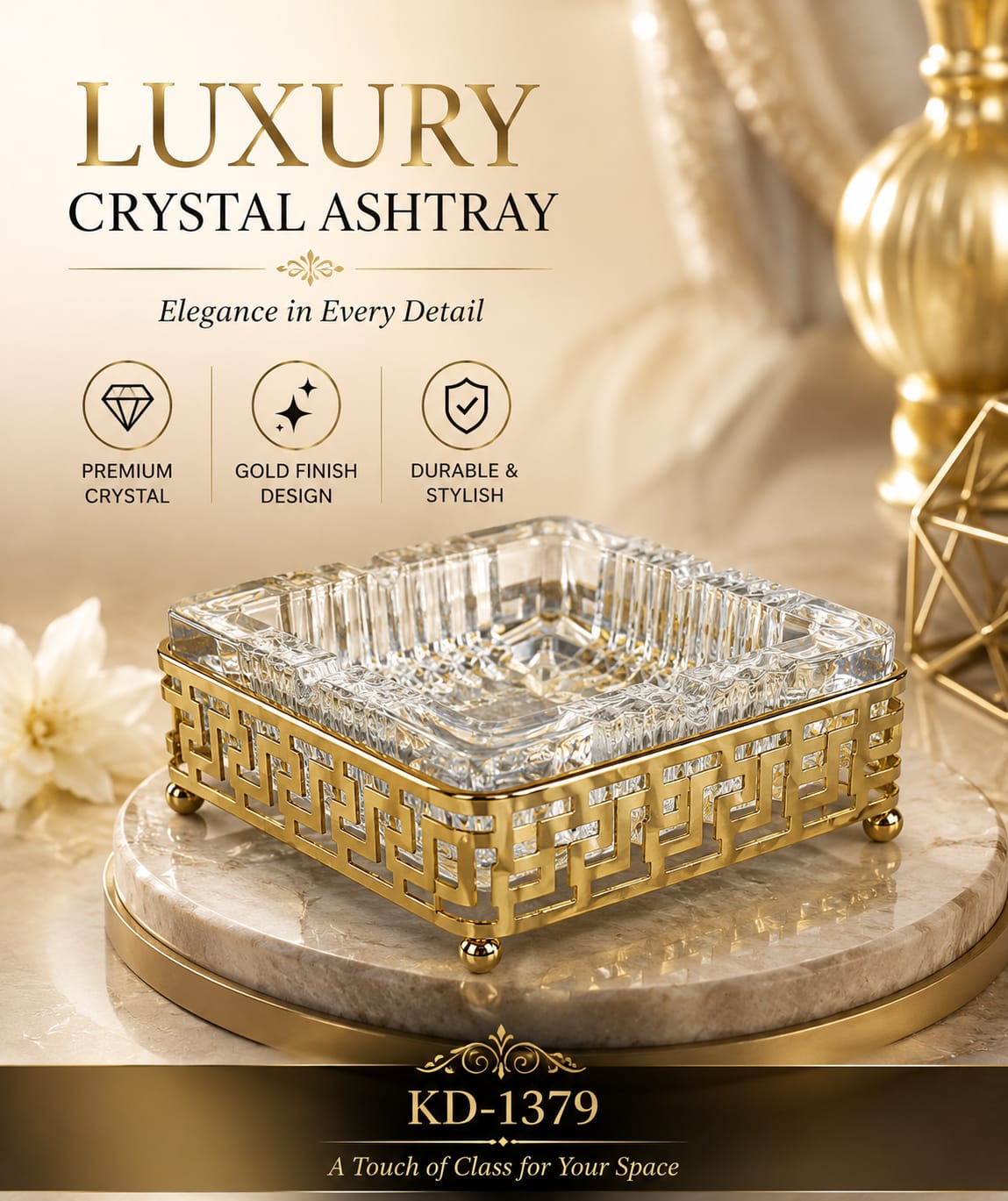 Luxury Metal & Crystal Ashtray KD-1379 â Elegant Decorative Cigarette Ash Tray Size 13x13x4.5cm